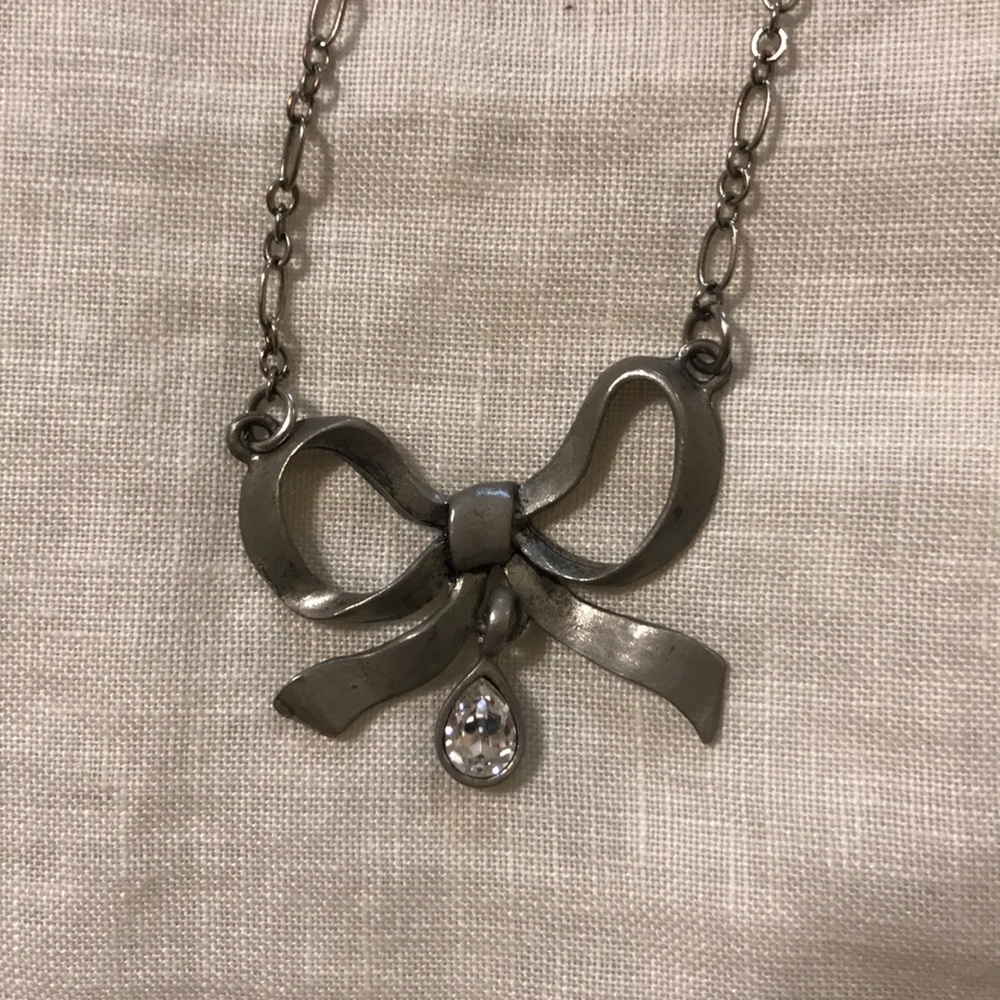 Jewel Kade Silver Bow Necklace with Crystal Dangle